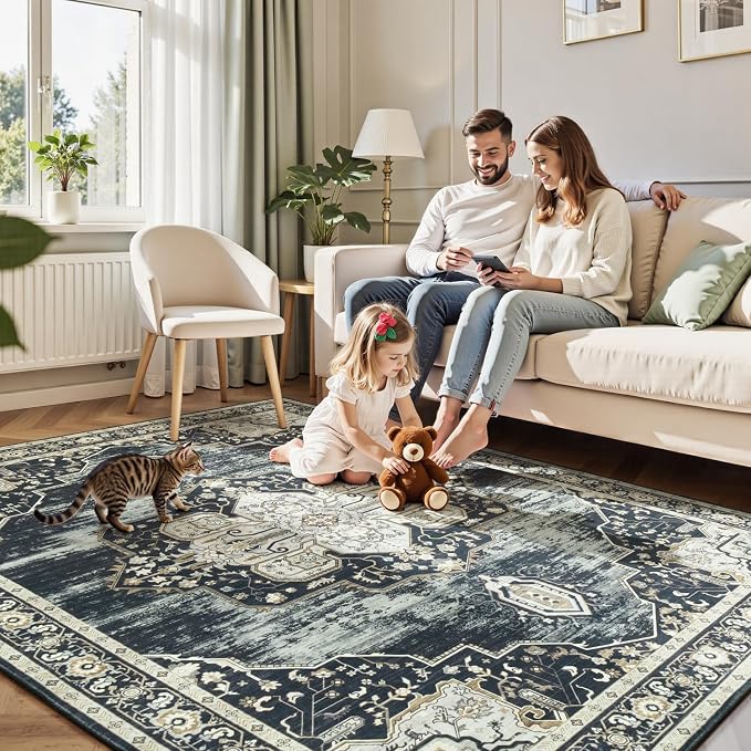 Lofus 8x10 Washable Rugs Non-Slip, Vintage Floral Area Rug for Living Room Bedroom Dining Room Kitchen, Low Pile Distress Print Medallion Carpet Home Decor Rug, Black Beige