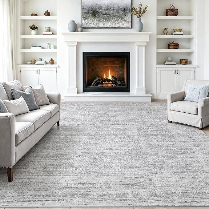9X12 Area Rug for Living Room, Washable Moroccan Geometric Rug Soft Non-Slip Rubber Vintage Boho Large Rug, Low Pile Farmhouse Carpet for Bedroom Dining Room Nursery Modern Office (Gray, 9'x12')