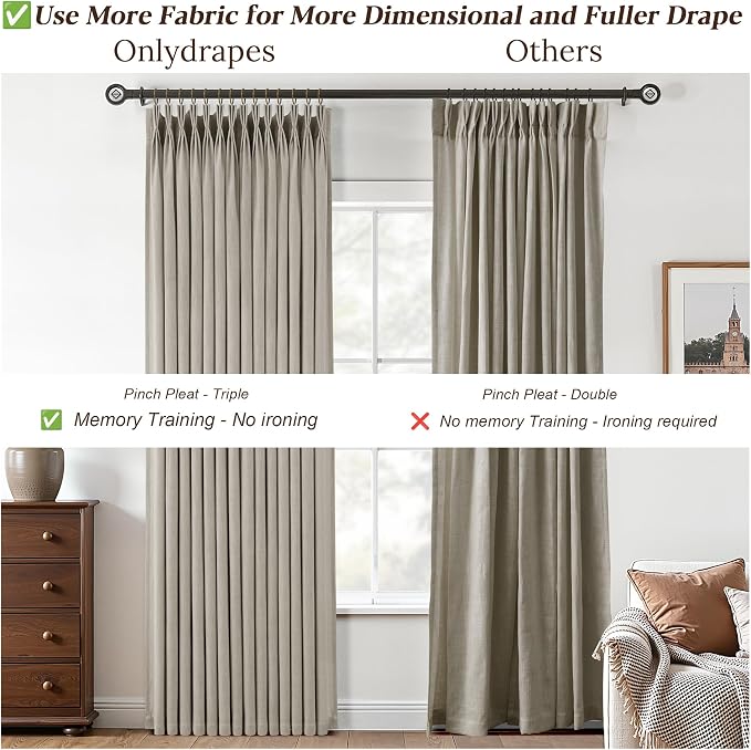 Grey Beige Pleated Linen Curtains 120 Inch Length 2 Panels Set Semi Sheer Light Filtering Tan Brown Window Drapes for Living Room Modern Viral Pinch Pleated Curtains 120 Inches with Hooks Rings Clips