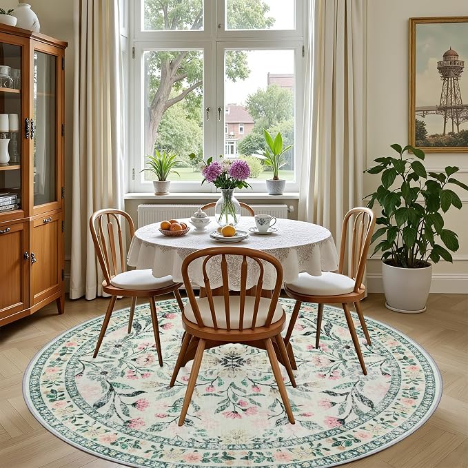 Round Area Rug for Living Room: 4 ft Floral Washable Circle Rug Soft Non-Slip Carpet Indoor Stain Resistant Low Pile Small Circular Rug for Bedroom Entryway Kitchen Nursery Home Office Green Beige