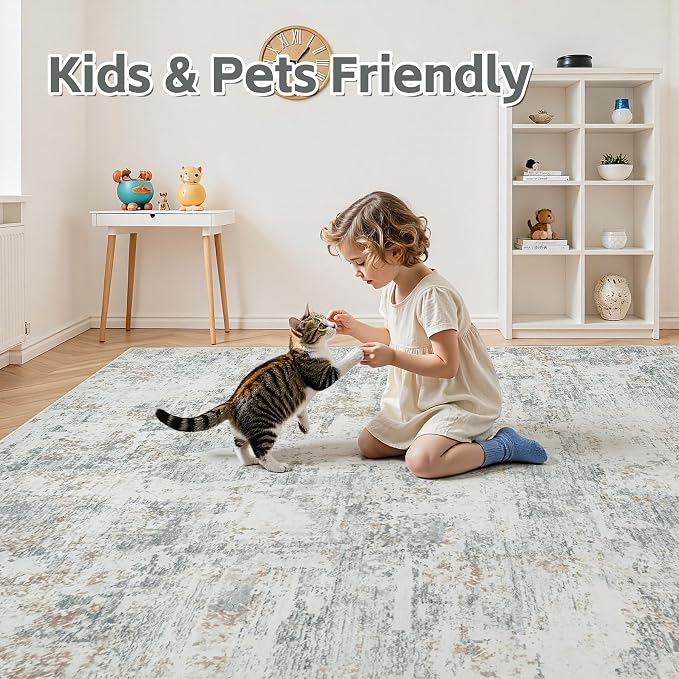 9x12 Area Rugs Living Room Rug Modern Abstract Neutral Washable Rugs Non Slip Soft Carpet Large Area Rug Low Pile Stain Resistant Non Shedding for Bedroom Nursery Dining Room Home Office Gray Brown