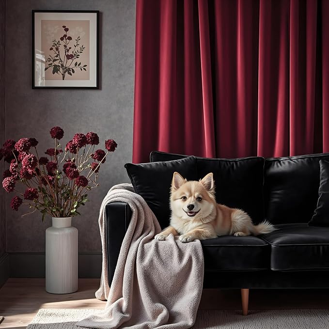 Christmas Red Velvet Curtains 84 Inch Length 2 Panels Back Tab Pocket Victorian Vintage Luxury Living Room Darkening Thermal Insulated Decorative Long Drape for Bedroom Holiday Xmas Gift Burgundy Wine