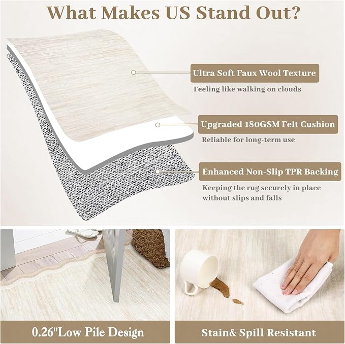 Garvee Scalloped 8x10 Rugs Washable Area Rugs for Living Room,Modern Stain Resistant Solid Rug for Bedroom, Scalloped Low Pile Non-Slip Neutral Rug for Farmhouse Dining Room Home Office Dorm,Cream | Rugs for Living Room, Non-Slip Soft Carpet for Bedroo...