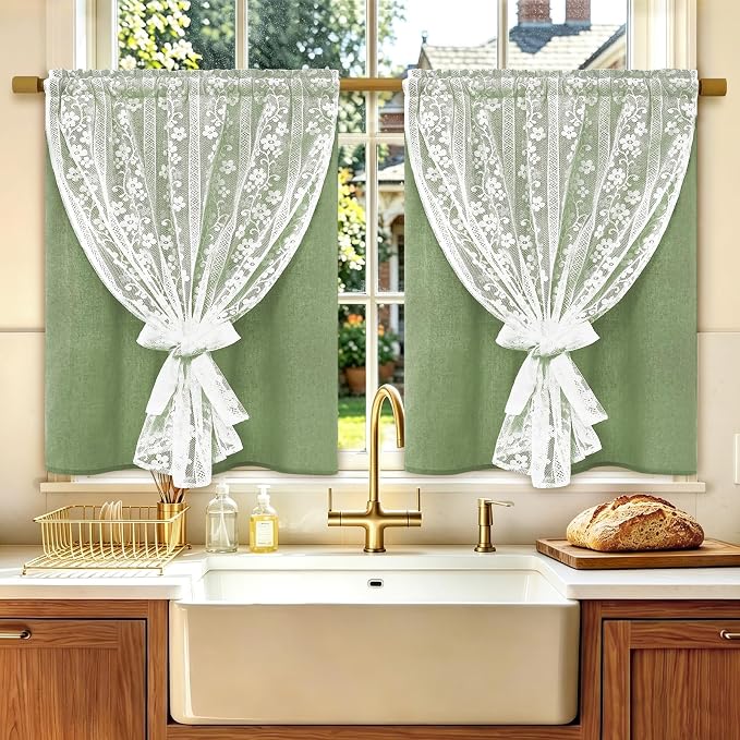ASPMIZ Linen Kitchen Curtains Double Layer Kitchen Window Curtains Over Sink 36 Inch Sage Green Tier Curtain Light Filtering Rod Pocket Cafe Curtain Short Window Treatments with 2 Tiebacks, 26x36