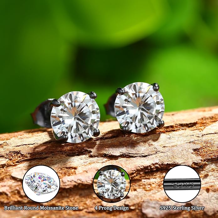 Moissanite Stud Earrings : 18K White Gold Plated Solid 925 Sterling Silver Earring Hypoallergenic Dainty Flat Back Stud Earrings Jewelry for Women Men D Color VVS1 Clarity