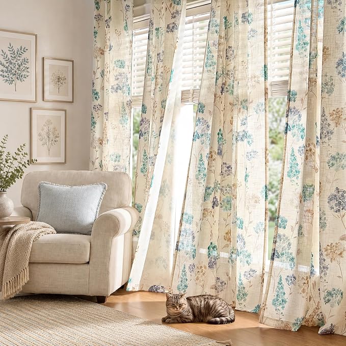 jinchan Floral Linen Curtains 96 Inch Vintage Cottagecore Back Tab 2 Panels | Light filtering drapes, semi sheer, farmhouse, botanical, watercolor, living room, bedroom, rod pocket, window treatment
