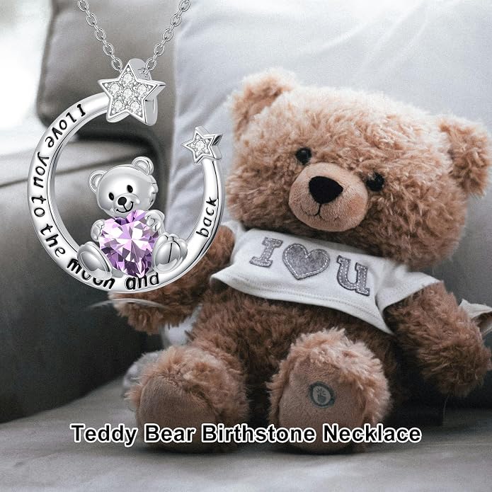 PELOVNY Teddy Bear Necklace for Women 925 Sterling Silver Bear/Highland Cow/Fox/Cat/Axolotl Birthstone Necklace Christmas Birthday Jewelry Gifts for Mom Daughter Wife Sister