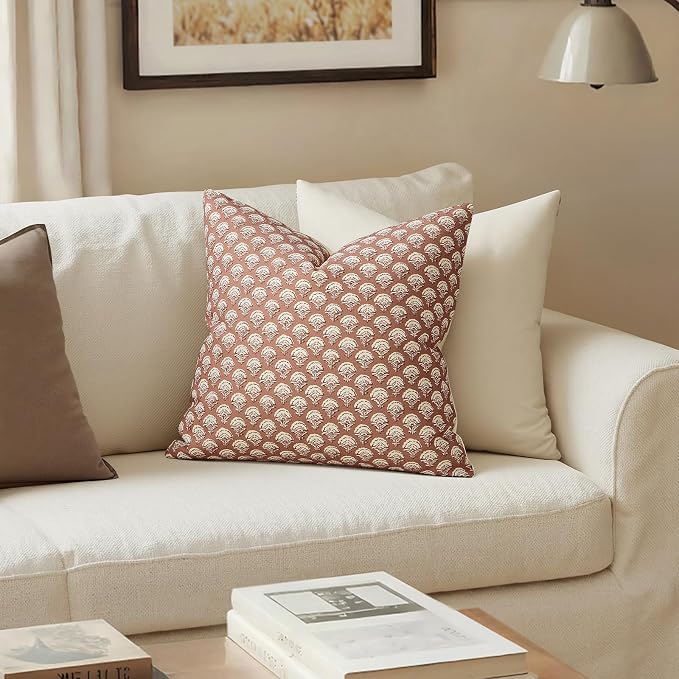 MIULEE Set of 2 Decorative Floral Pillow Covers Neutral Vintage Throw Pillows Block Print Boho Farmhouse Cushion Covers for Modern Spring Home Decor Couch Sofa Bed Living Room, 20x20 Inch, Almond