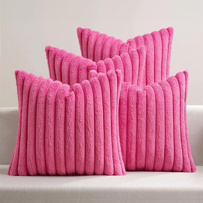 MIULEE Faux Fur Plush Decorative Throw Pillow Covers 20x20 Set of 4, Modern Soft Fuzzy Striped Cushion Covers for Sofa Couch Bed Living Room Cozy Home Decor,Hot Pink