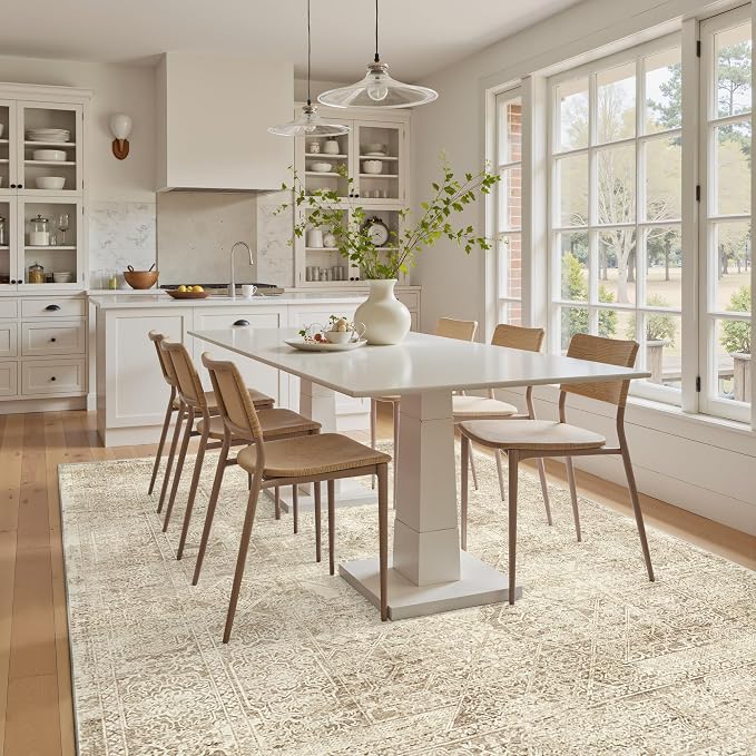 Soalmost 5x7 Area Rugs Brown Low Pile Indoor Washable Trendy Faded Style Floral Rugs for Bedroom Living Room Dining Room Foldable Non-Slip Thin Print Mat