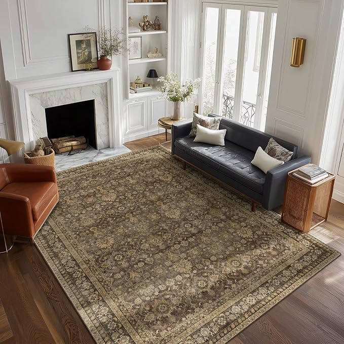 Boho Washable 6x9 Area Rugs for Living Room, Cushioned, Deep Brown | Vintage Non-slip Neutral Oriental Rugs for Bedroom Dining Room Nursery Office High Traffic Area
