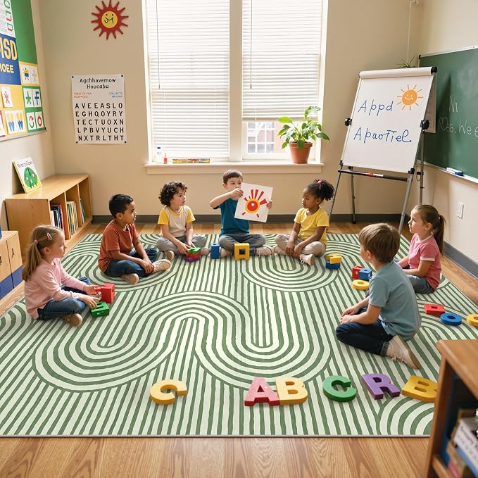 Lahome Modern Classroom Rug 8x10 Area Rugs,Green Rugs for Kids Playroom | Non-Slip Soft Rugs for Living Room,Ultra-Thin Bedroom Rug Washable,Non-Shedding Large Carpet for Office Dining Room Alba