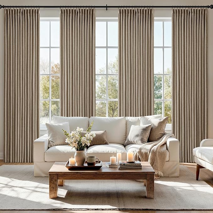 MIULEE Pinch Pleated Thick Linen Curtains 40x84 Inches Latte 4 Panels Set | Brown, Back Tab, Memory Trained, Pinch Pleat, Semi Sheer, Light Filtering Curtains, Window Drapes for Living Room Bedroom