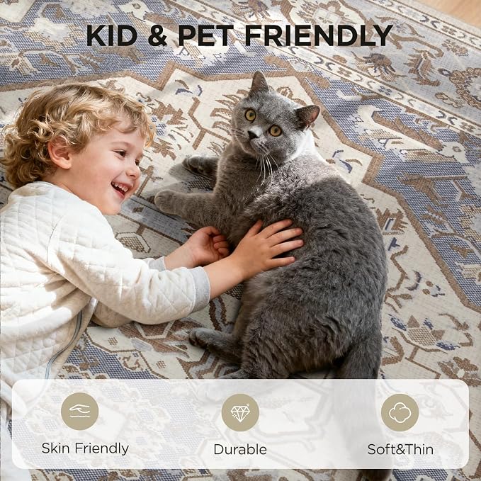 Joydeco 5x7 Area Rugs for Living Room, Non Slip Machine Washable Vintage Rug, Low Pile Chenille Print Rugs for Bedroom, Dining Room, Home Office, Pet & Child Friendly, Beige & Blue & Reddish-Brown