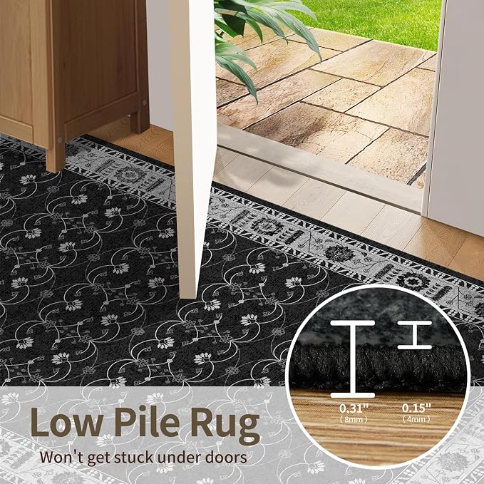 Rugxara 8x10 Washable Area Rug for Living Room, Extra Large Black Vintage Boho Rugs for Office, Kids Room, Farmhouse, Durable Low Pile Non Slip Carpet for High Traffic Areas（Black 8x10）