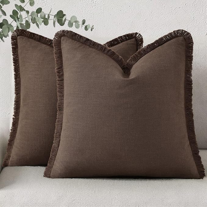 decorUhome Linen Fringe Chocolate Throw Pillow Covers 18x18 Set of 2 | Decorative Soft Accent Modern Boho Farmhouse Cushion Covers with Tassels Cotton Pillow Covers for Couch Bed Sofa