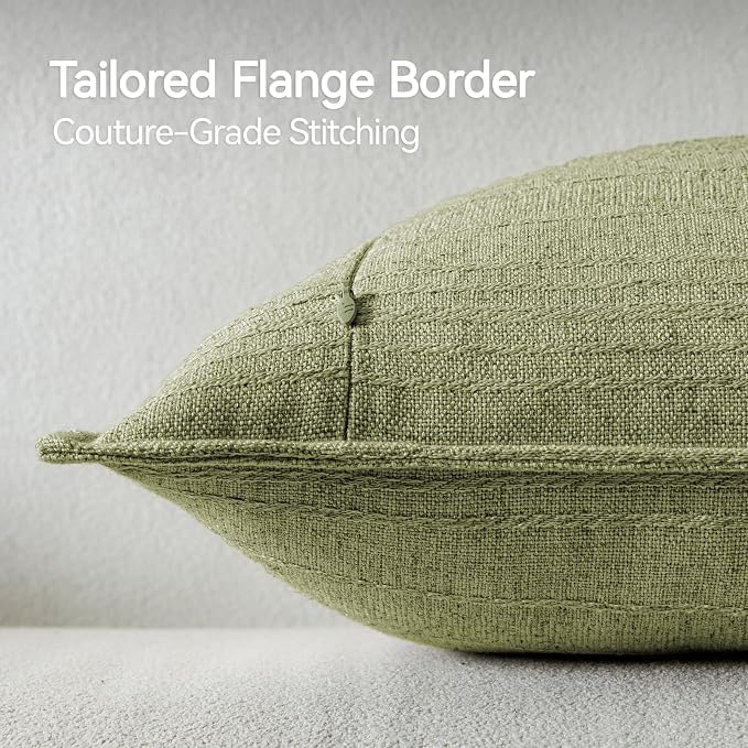 a moment Linen Pillow Covers Set of 2,Boho Farmhouse Throw Pillowcases Neutral Textured Decorative Covers for Couch Sofa,Linen Blend Accent Case Cushion Living Room Home Decor 20"x20"Seeding Green