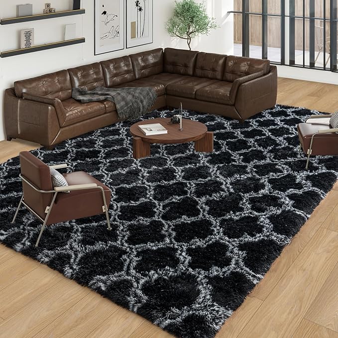 9x12 Area Rugs for Bedroom Living Room, Large Modern Black and White Rugs | Soft Fluffy Plush Geometric Rug Upgrade Non-Slip Shaggy Fuzzy Carpet for Playroom Teen Dorm Home Office Decor