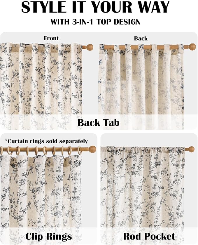 Lazzzy Black Floral Linen Curtains 90 Inch Farmhouse Back Tab Drapes for Living Room Bedroom Light Filtering Vintage Grandmillennial Rod Pocket Curtains, 2 Panels, W38 x L90, Black on Beige