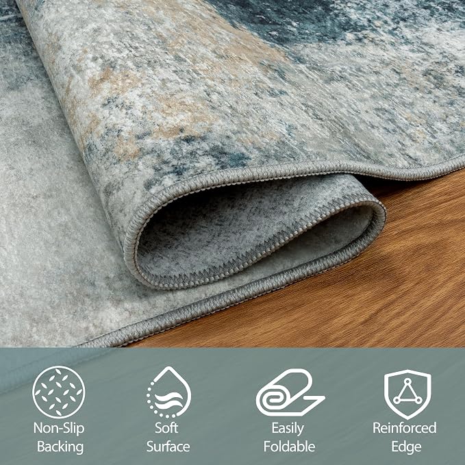 9x12 Area Rugs for Living Room Rug Washable: Abstract Large Rug for Dining Room Bedroom Carpet Non Slip 9 by 12 Indoor Modern Nursery Home Office Teal Grey Gold