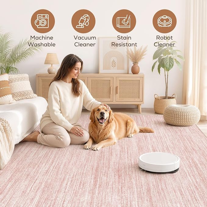 Nakagishi 10X12 Area Rugs Living Room: Washable Large Vintage Rug Neutral Non-Slip Soft Stain Resistant Indoor Carpet for Bedroom Nursery Dining Room Office Playroom - Pink