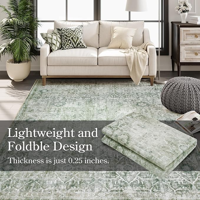 Collive Large Green Area Rug for Living Room 9x12, Washable Area Rug Non Slip Vintage Farmhouse Bedroom Carpet Stain Resistant Ultra-Thin Low Pile Aesthetic Print Floor Rug for Dining Guest Office