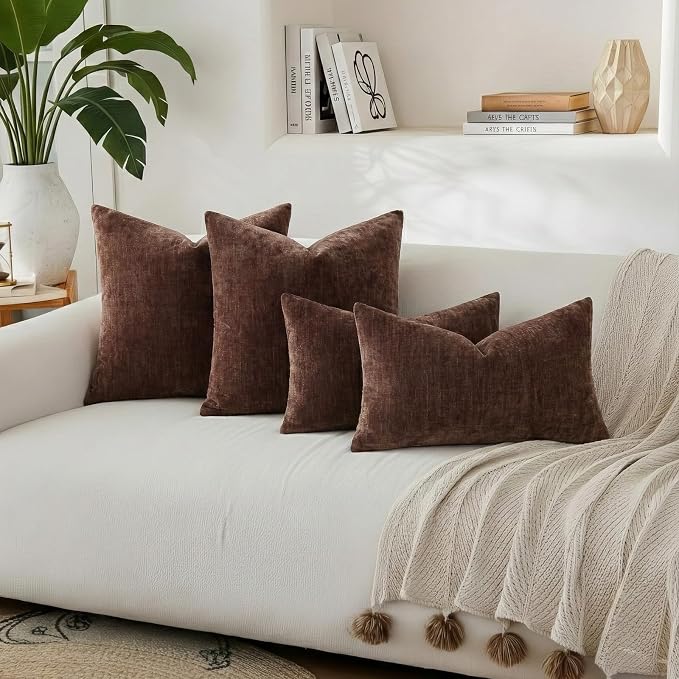 decorUhome Soft Chenille Reddish Brown Throw Pillow Covers 18X18 Set of 2 | Decorative Fall Couch Pillow Covers Solid Dyed Accent Modern Farmhouse Neutral Square Pillow Cases for Sofa