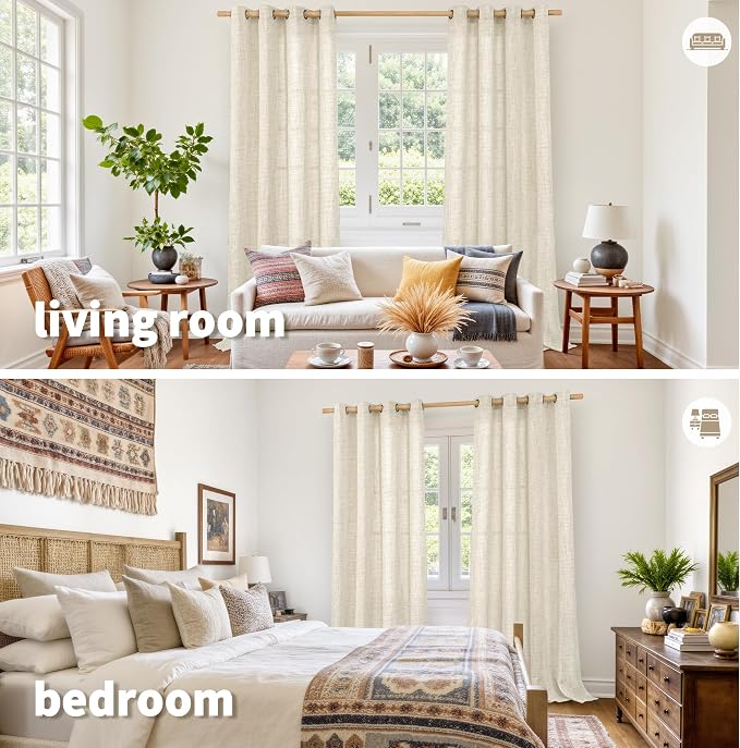YoungsTex Extra Long Linen Curtains for Living Room with Grommet 2 Panels | 95 Inch Length Semi Sheer Drapes Rustic Privacy for Dining Bedroom Window Light Filtering, 52 x 95 Inch
