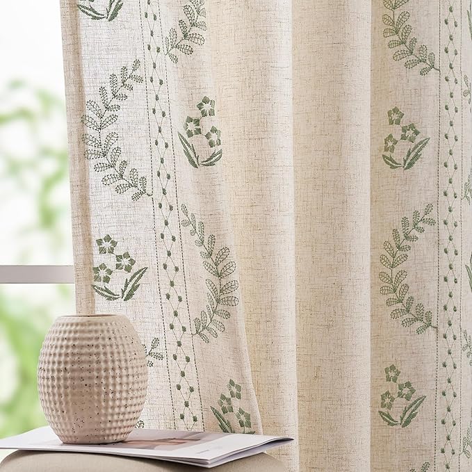 jinchan Floral Linen Curtains 84 Inch Back Tab 2 Panels Sage Green | Embroidered curtains,boho curtains,living room,bedroom,light filtering,privacy,flower patterned drapes,window treatment