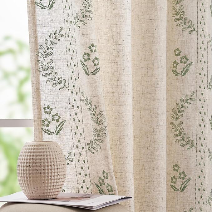 jinchan Floral Linen Curtains 72 Inch Back Tab 2 Panels Sage Green | Embroidered curtains,boho curtains,living room,bedroom,light filtering,privacy,flower patterned drapes,window treatment