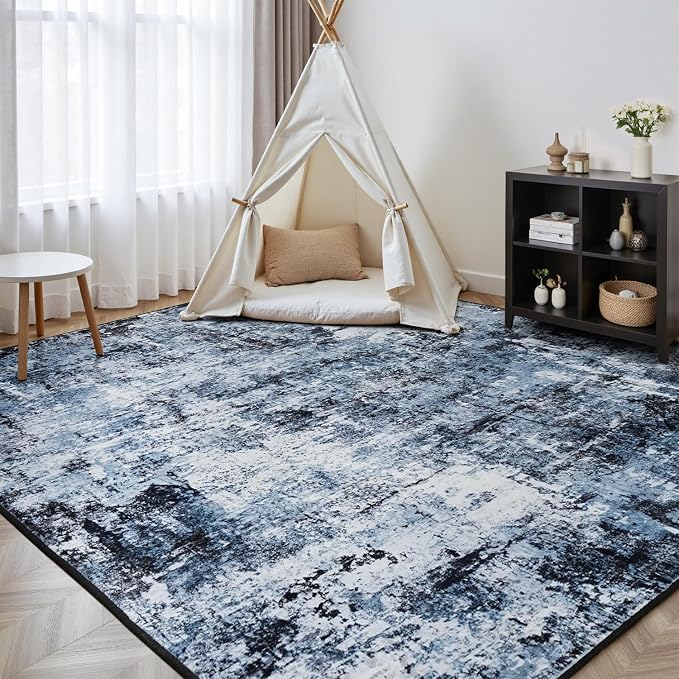 Rugflix 3x5 Entrance Rugs, Entry Rug Washable Non-Slip Stain-Resistant Low Pile, Small Modern Dark Carpet for Living Room Bedroom Indoor, Navy Blue/Black