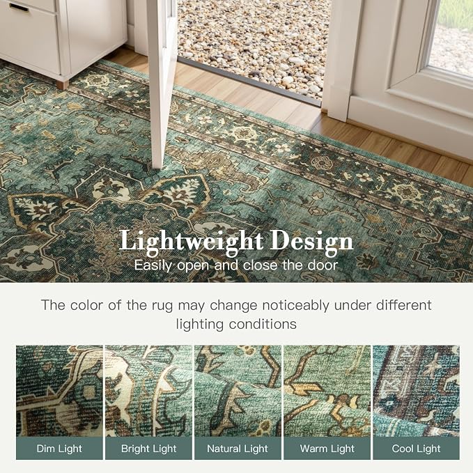8x10 Green Brown Large Area Rugs for Living Room - Boho Medallion Aesthetic Distressed Washable Rug, Soft Non-Slip Backing Low Pile Carpet for Dining Under Table, Bedroom, Office