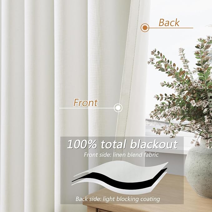 Guken Ivory 100% Blackout Linen Curtains 94 Inch Length 2 Panels Set for Living Room Bedroom Back Tab Thermal Insulated Black Out Drapes Room Darkening FarmhouseWindow Curtains 94 Inches Long