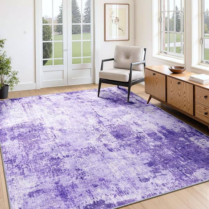 RELEANY Washable Area Rugs 4'x6' Non-Slip Modern Abstract Soft for Living Room Entryway Bedroom Kitchen, Print Pattern, Purple Gray Pink White