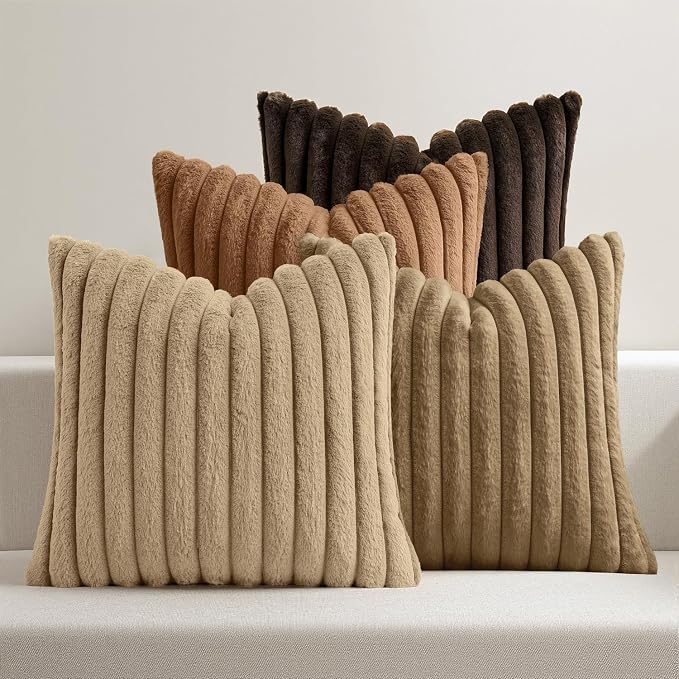 MIULEE Faux Fur Plush Decorative Throw Pillow Covers 20x20 Set of 4, Boho Fall Farmhouse Soft Fuzzy Striped Cushion Covers for Sofa Couch Bed Living Room Vintage Rustic Home Decor,Dark Brown