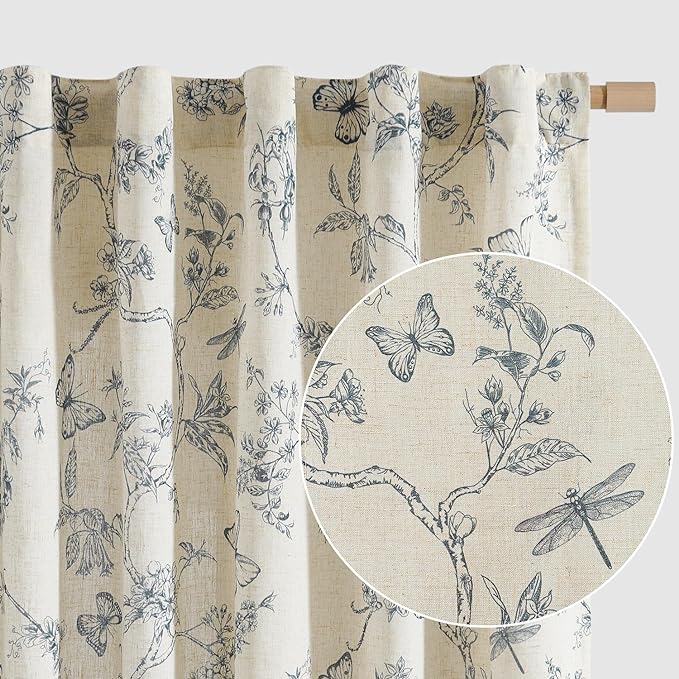 Lazzzy Charlotte Blue Floral Curtains 84 Inch Length Linen Farmhouse Curtain Back Tab Drapes for Living Room Bedroom Light Filtering Vintage Rod Pocket Curtains, 2 Panels, Blue on Beige
