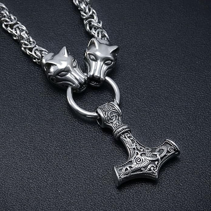 BAVIPOWER Viking Amulet Pendant with Big Wolf Head Chain Necklace 316L Stainless Steel Norse Scandinavian Necklace Authentic Viking