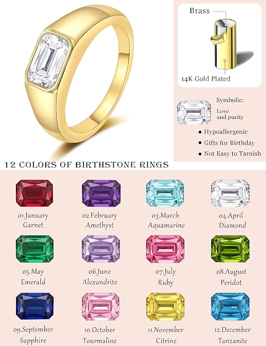 Birthstone Gold Rings for Women Non Tarnish 14K Gold Plated Chunky Emerald Rings Thumb Signet Statement Dainty CZ Band Ring Unique Waterproof Cute Jewelry Gift for Birthday Size 6-10