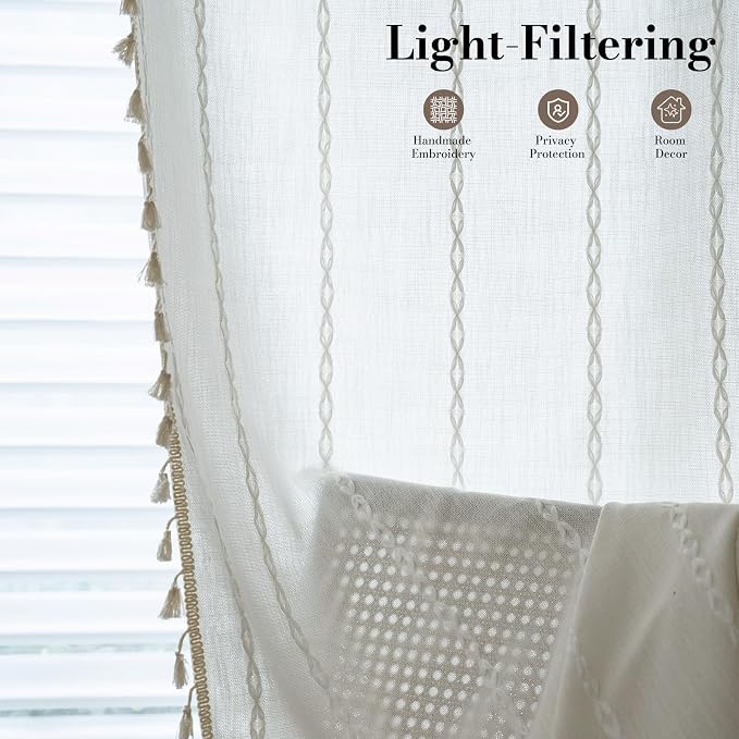 ColorBird White Boho Curtains Linen-Textured for Living Room Bedroom Embroidered Striped Light Filtering 63 Inch Farmhouse Whimsical Curtains & Drapes Window Treatment for Dining Closet