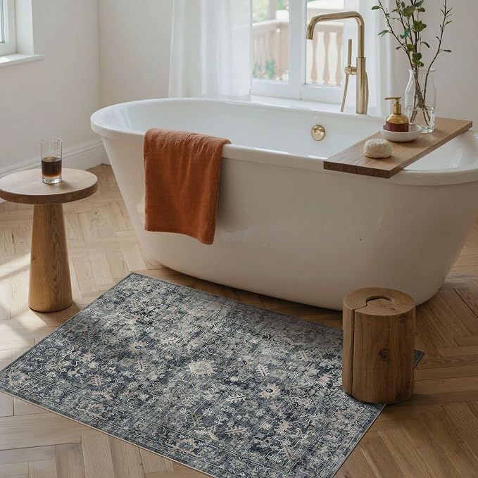 Rugxara 2x3 Entryway Rug Door Mat, Washable Samll Rug, Non Slip, Blue | Rug for Entry Entrance Bathroom Kitchen, Stain Resistant, Soft Throw Accent Rug, Low Pile Front Door Mat, Vintage Boho Carpet