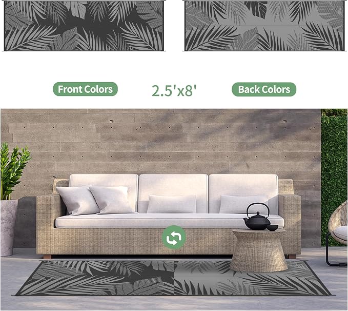 GENIMO Outdoor Rug, Waterproof Plastic Runner Rugs, 2.5'x8' Black Grey | Outside Leaf Carpet Mat for Patio Decor, Porch, Deck, Balcony, Camping, RV, Picnic, Beach, Reversible, Foldable, Lightweight