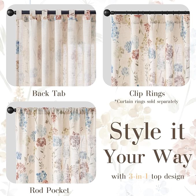 jinchan Floral Linen Curtains 96 Inch Vintage Cottagecore Back Tab 2 Panels | Light filtering drapes, semi sheer, farmhouse, botanical, watercolor, living room, bedroom, rod pocket, window treatment
