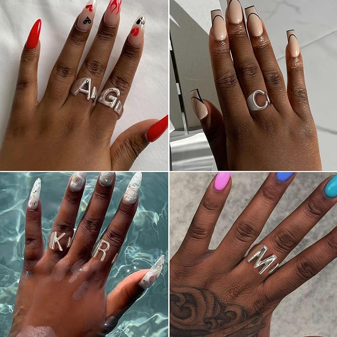 KeyStyle Bold Initial Letter Rings Adjustable, GoldChic Jewelry Women Gold Statement Ring Personalized Engraved Women’s Open Signet Ring for Party (Gold, White Gold, Black)