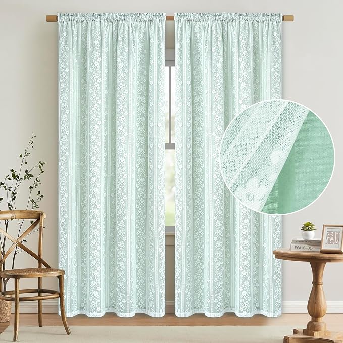 ASPMIZ Linen Curtains for Living Room, Double Layer Curtain 84 Inch Length 2 Panels, Farmhouse Rod Pocket Drapes with Tiebacks, Light Filtering Window Treatment for Bedroom, 52 x 84 Inch, Mint Green