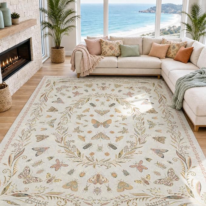 Lunasun Insect Beige Pink Rug for Living Room - 9x12 Cute Rugs for Bedroom, Moth Floral Boho Design, Low Pile Stain Resistant Washable, Perfect for High Traffic Area
