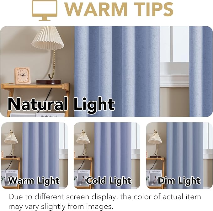 H.VERSAILTEX Linen Curtains 100% Blackout Curtains for Bedroom 84 inch Long Full Light Blocking Nature Linen Blended Window Curtains for Living Room Nickel Grommet (2 Panels, Heathered Chambray Blue)