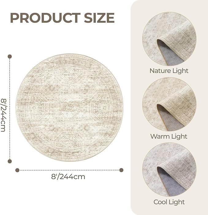 Round Rug 8ft,Circle Rug for Dining Room Table,Beige | Washable Rugs for Kitchen,Entryway,Bedroom,Dining Room,Nursery Room,Thin,Soft Runner Rug,Stain Resistant Indoor Carpet