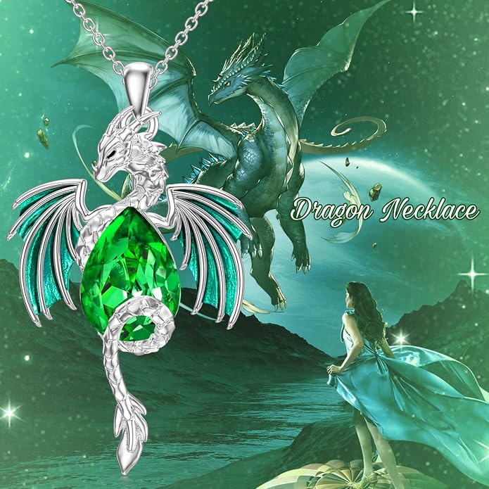 Dragon Necklace for Men Sterling Silver Birthstone Wyvern Necklace Embllished with Teardrop Shaped Crystal Jewelry for Women