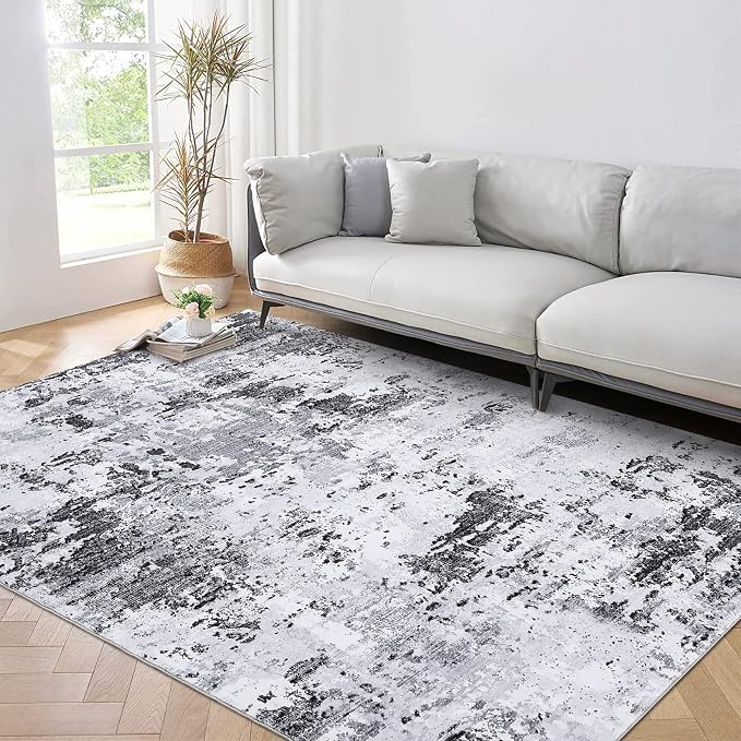 ROYHOME 10x13 Modern Abstract Faux Wool Rug for Living Room, Grey | Low Pile Ultra Soft Stain Resistant Non Slip Non Shedding Throw Rug for Bedroom Home Decor