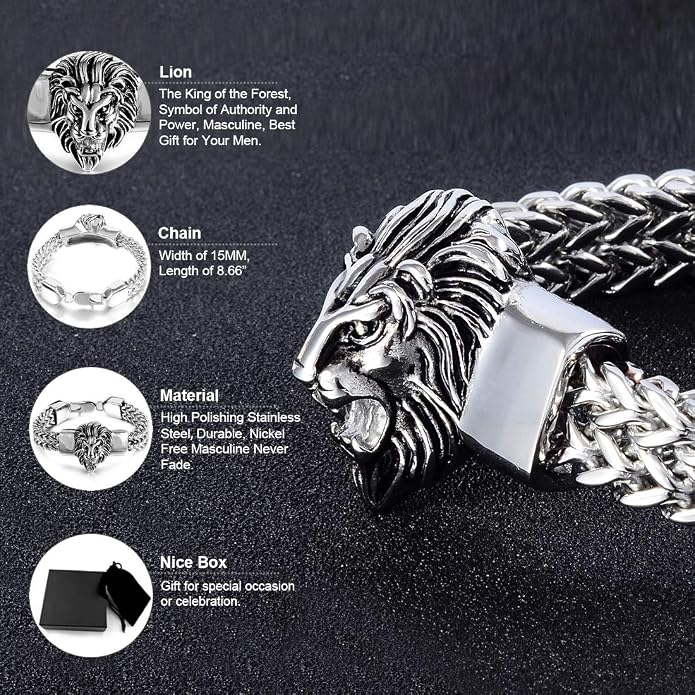 Mens Bracelet Stainless Steel Heavy 12mm Double Franco Chain Lion Head Bracelet Jewelry Men Biker…
